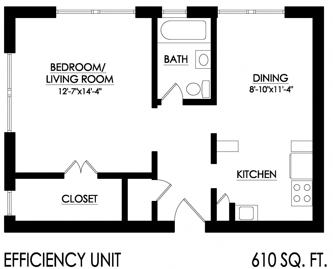 Floor plan for studio, 1 bath, 500 sqft